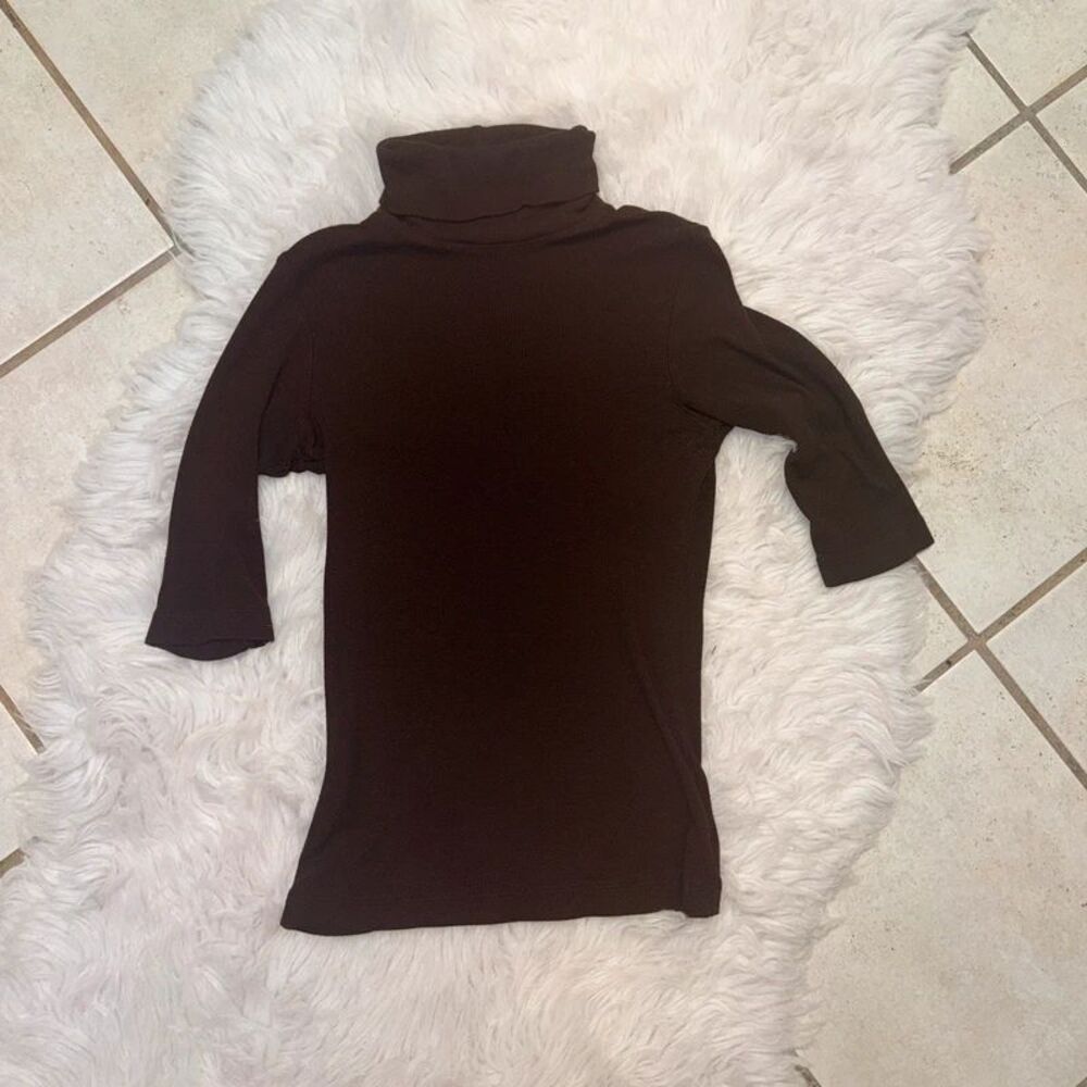 Vintage Juicy Couture Brown Ribbed Turtleneck – Elbow Sleeve Top Y2K